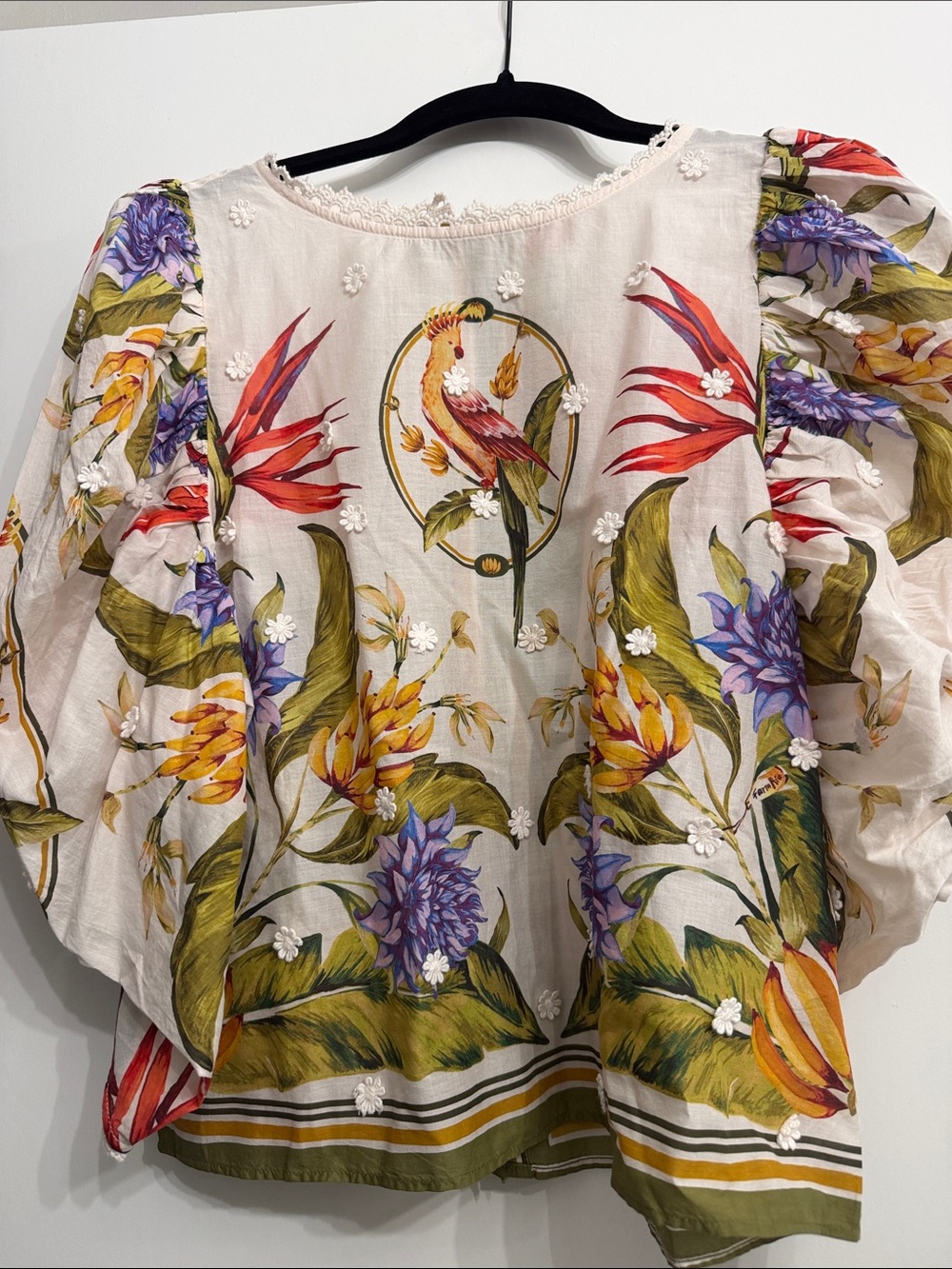 FARM Rio Blouse with Multicolor Floral & Parrot Print & 3D flowers